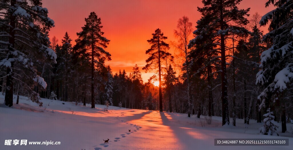 冬日雪林夕阳美景