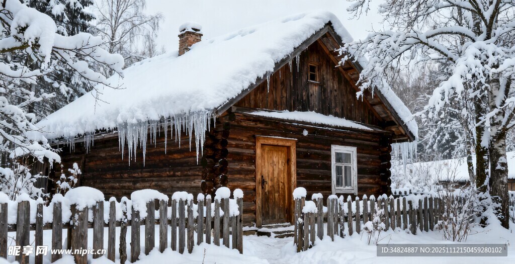雪覆木屋冬日静谧景致