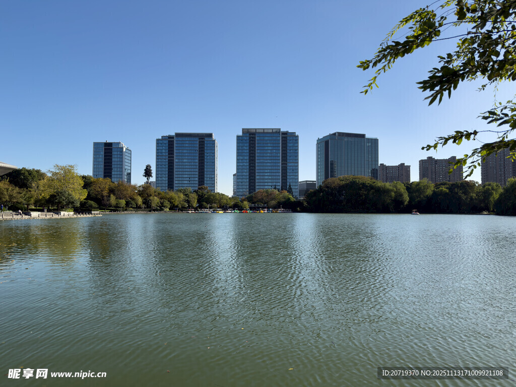 湖畔高楼与绿树美景