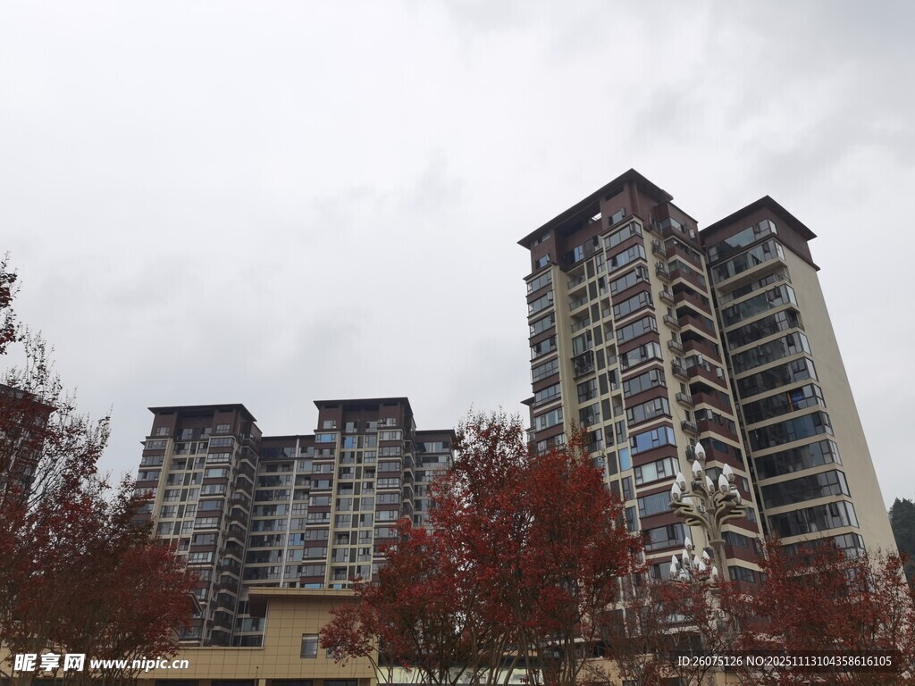 秋日城市中的高层住宅楼