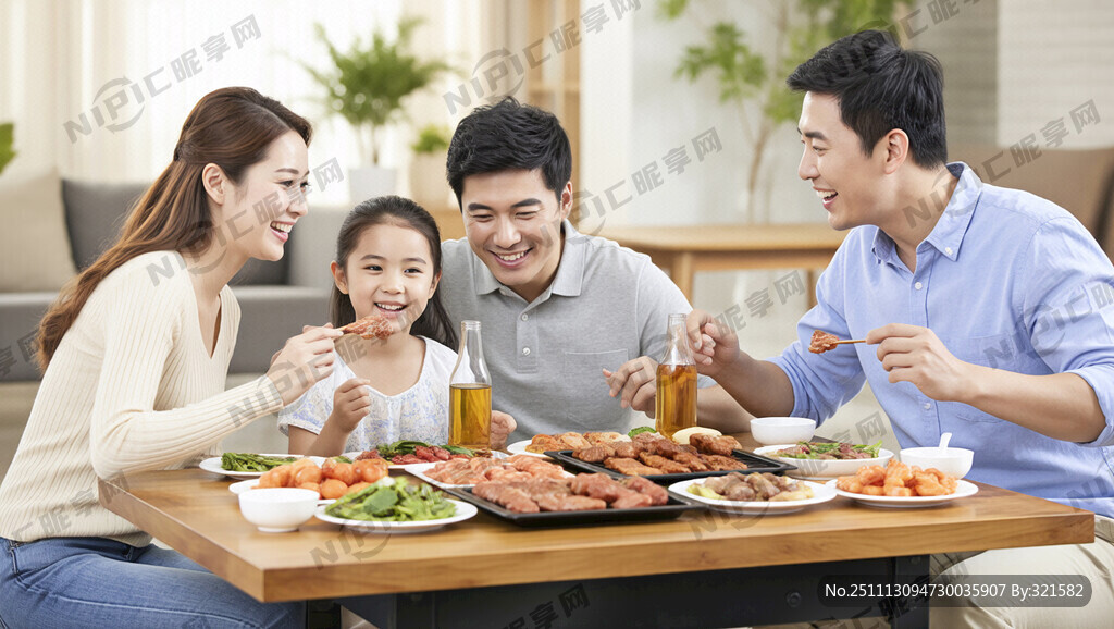 一家人在家大桌烧烤的家庭温馨画