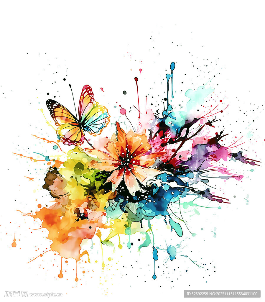 水彩绘就的缤纷花朵与蝴蝶