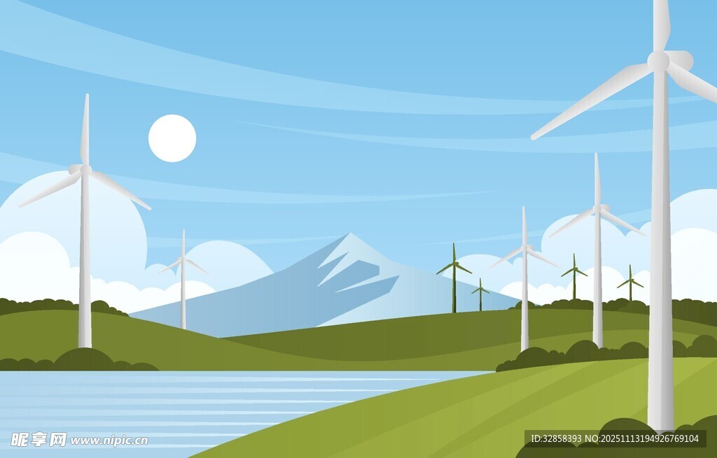 湖畔风车与远山美景