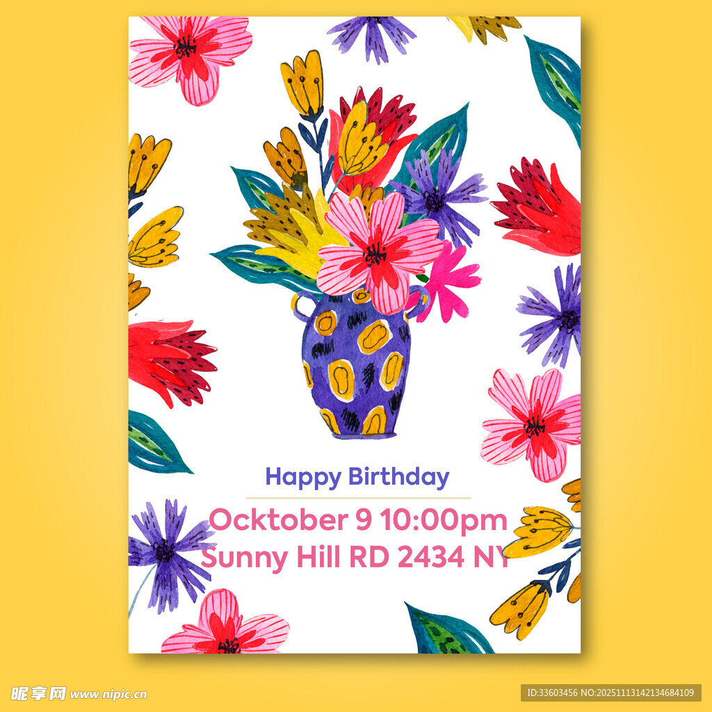 生日派对花卉邀请卡