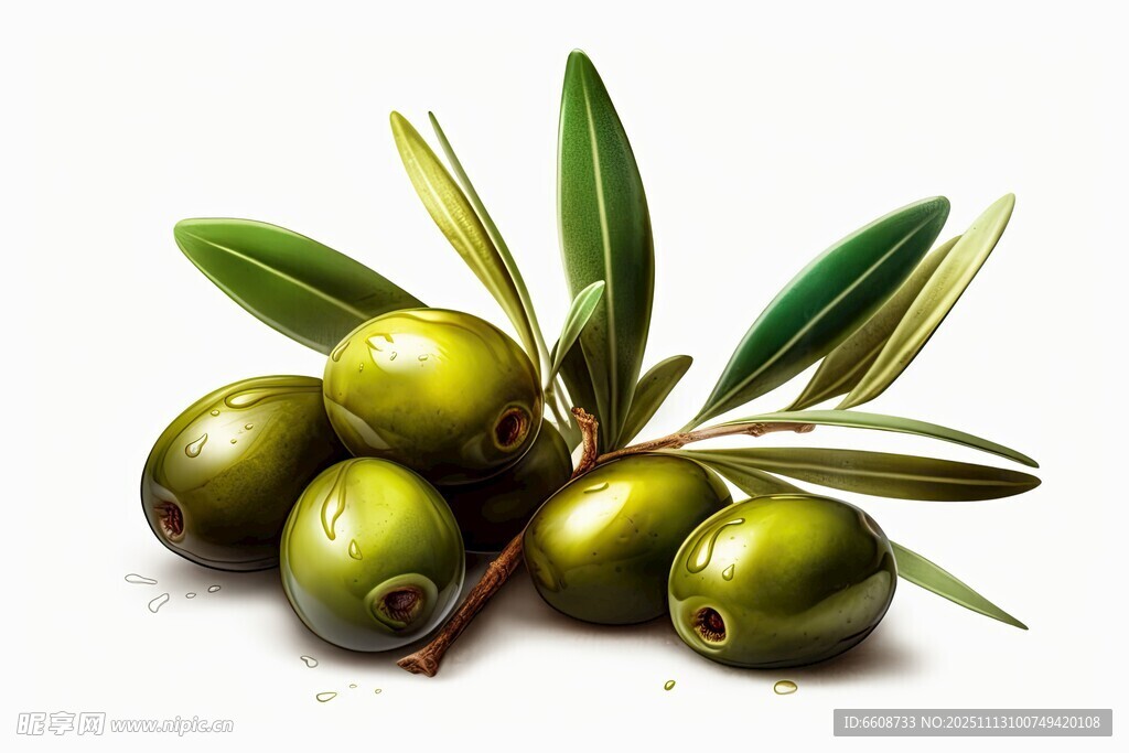 新鲜青橄榄带枝叶特写