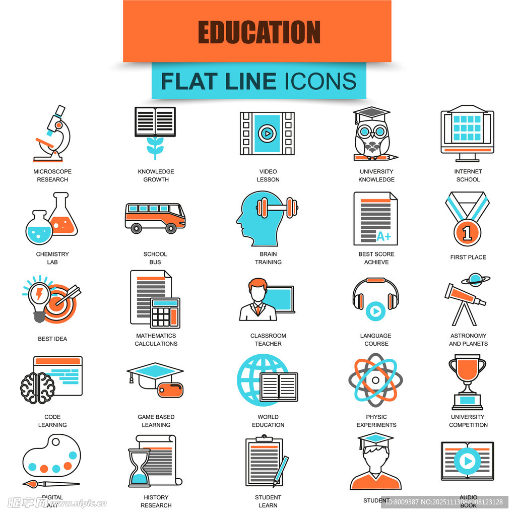教育相关平面线条图标集