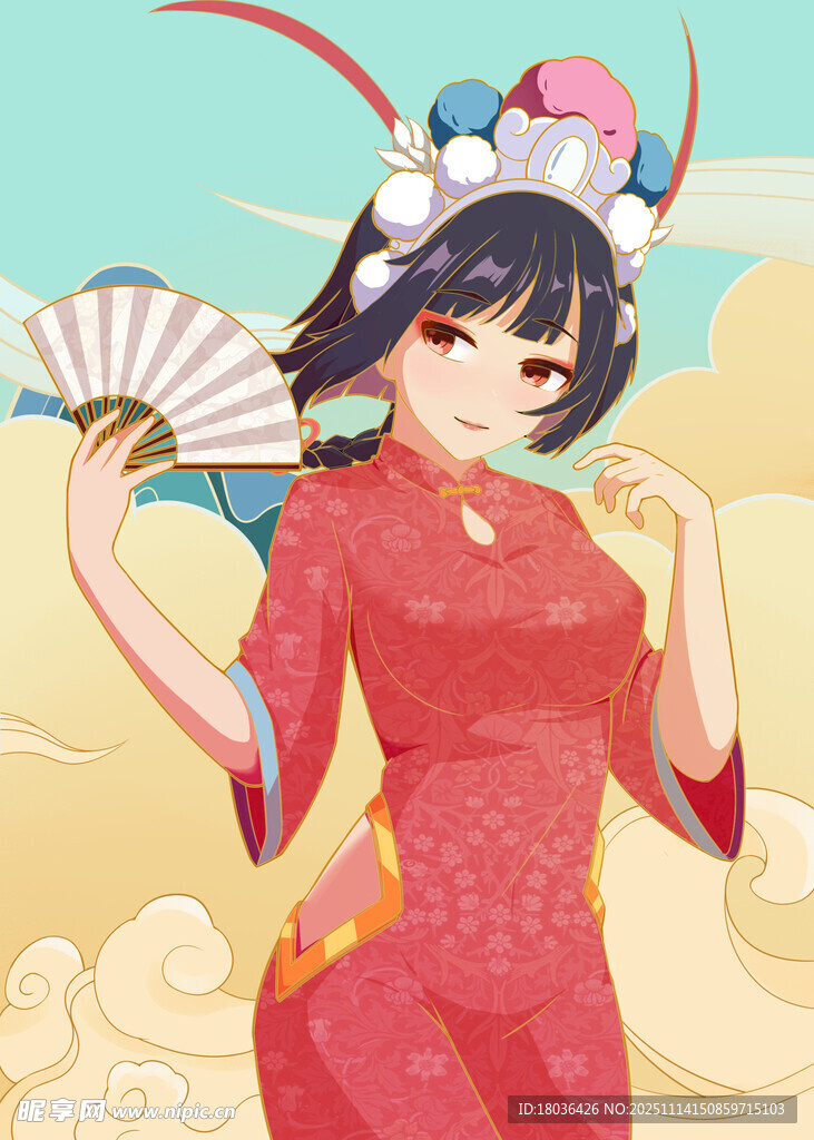 古风旗袍少女持扇起舞