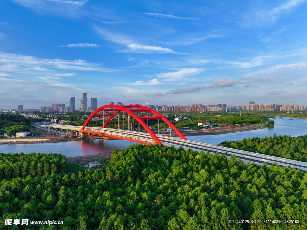 城市红桥横跨绿意河畔