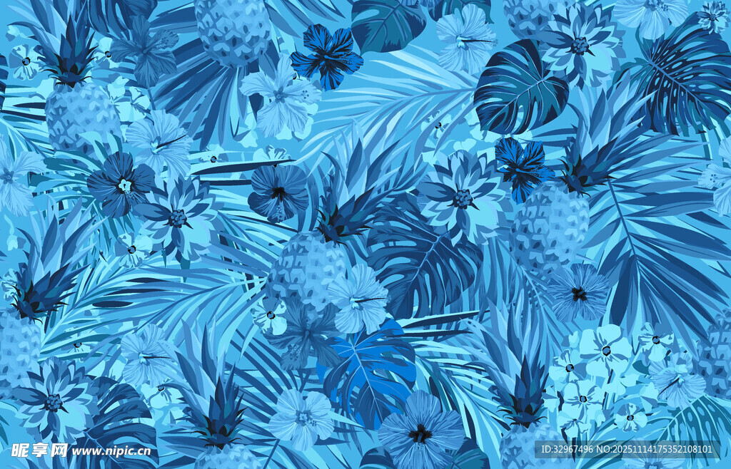 蓝色热带植物 芭蕉叶 图案纹理