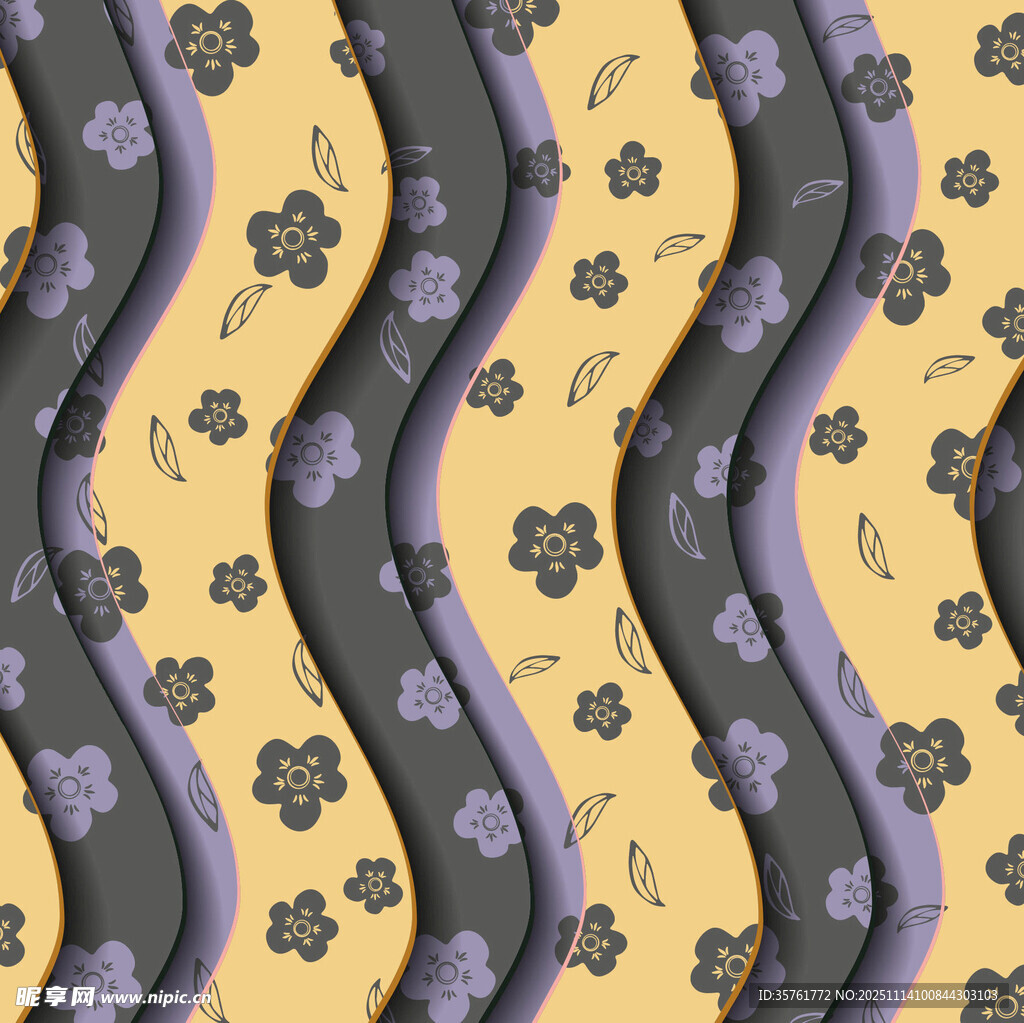 波浪花纹配紫色花卉图案