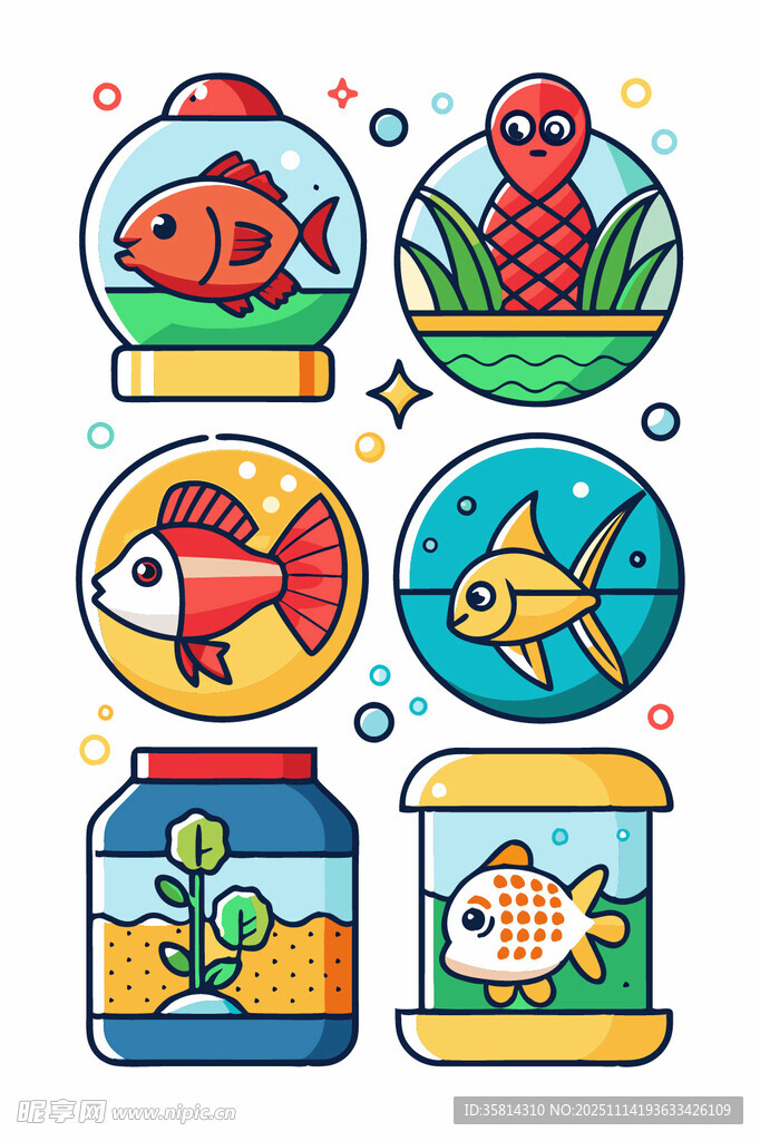多彩鱼缸与鱼类插画