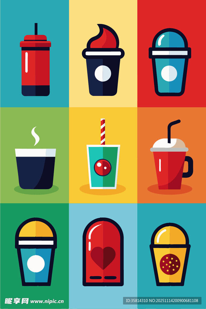 多彩饮品与小吃图标集合
