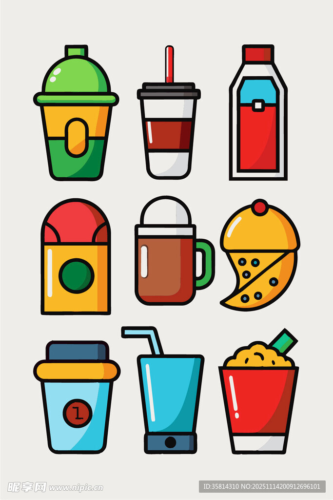 多彩饮品与小吃图标集