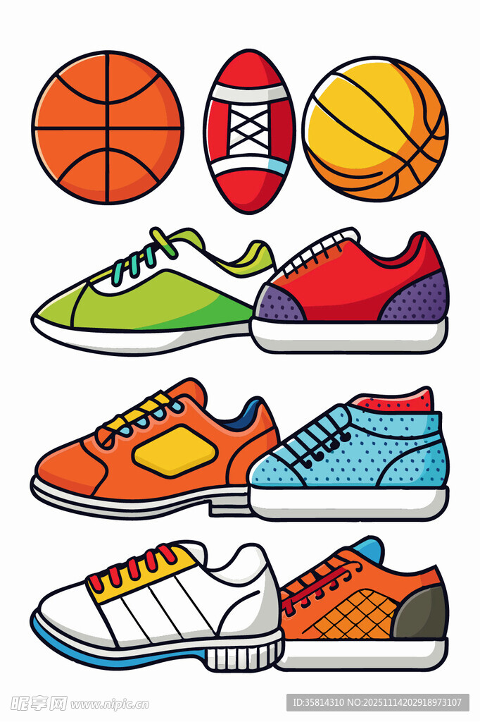 多彩运动鞋与球类集合