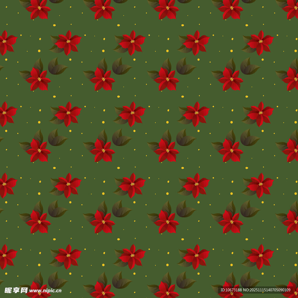 红色花卉绿色背景图案
