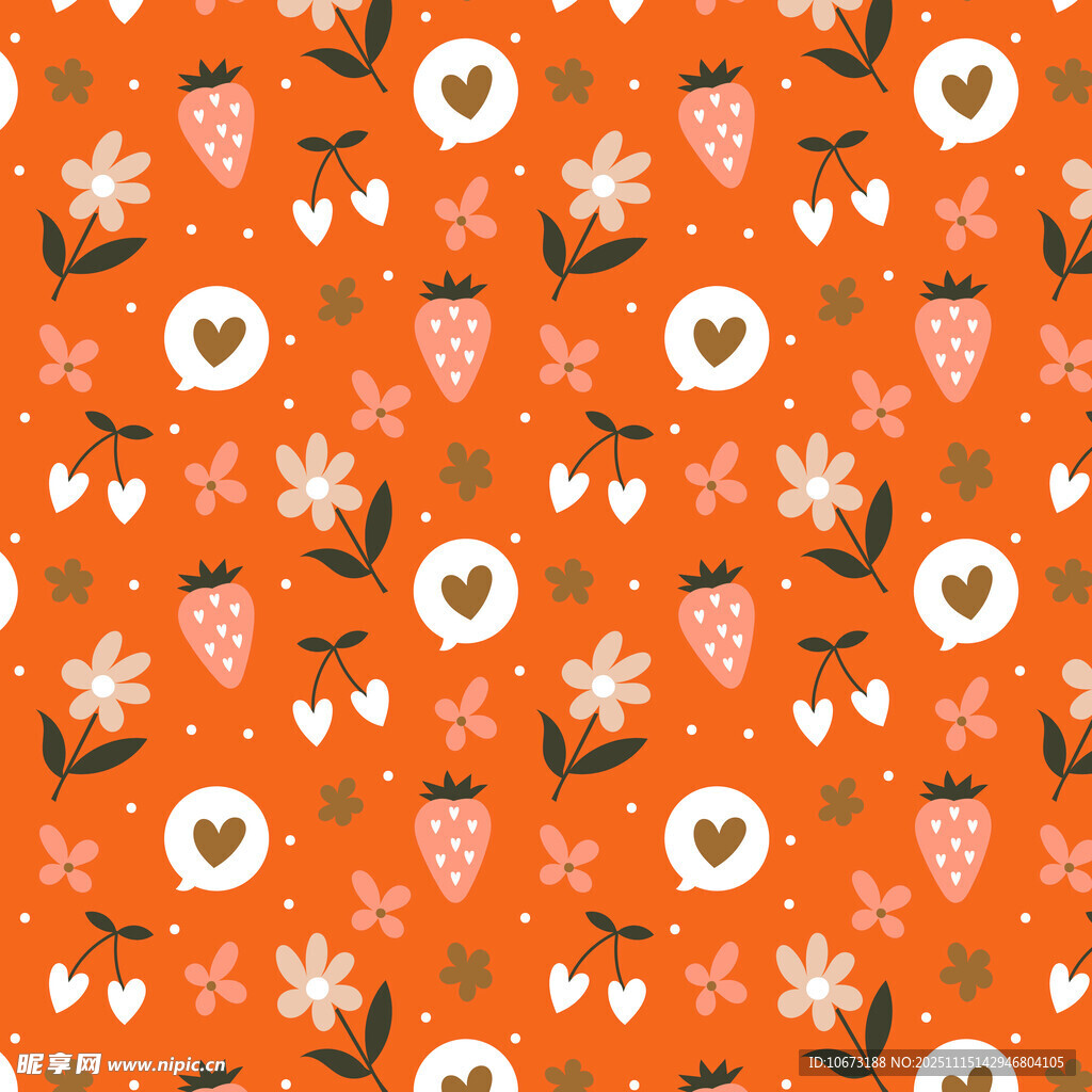 橙色底可爱草莓花卉图案