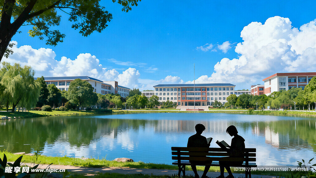 湖畔长椅上的惬意二人时光