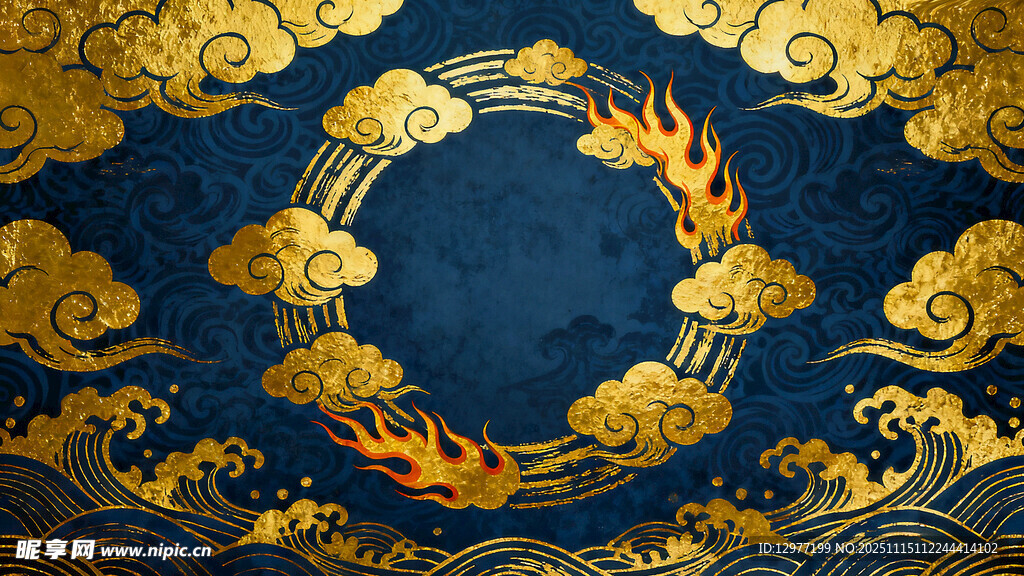 中式蓝金祥云火焰纹图案