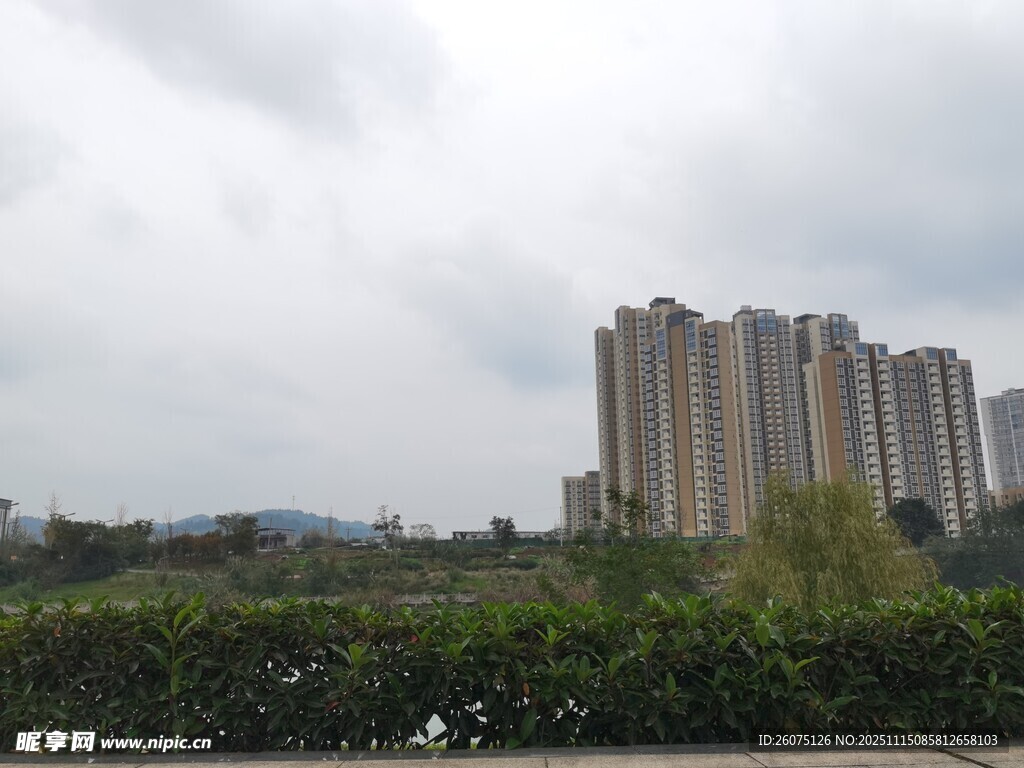 城郊高楼与绿植景观