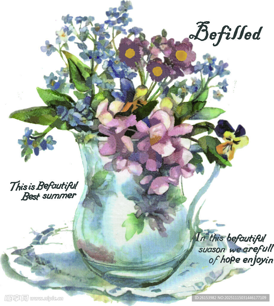 水彩绘花瓶中的多彩花卉 白墨 