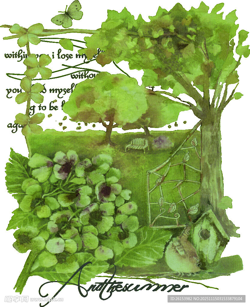 手绘绿意盎然的自然景观 白墨 