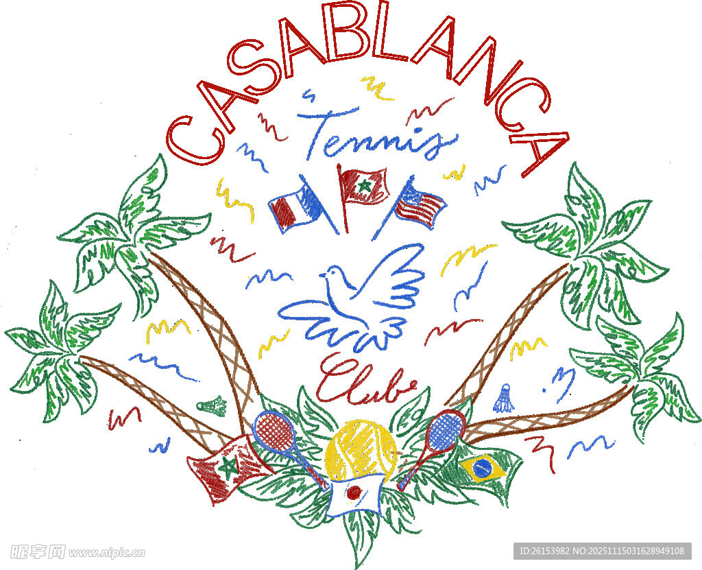卡萨布兰卡主题彩色手绘图案 白