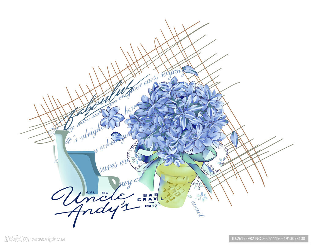 手绘蓝色绣球花插画 白墨 直喷