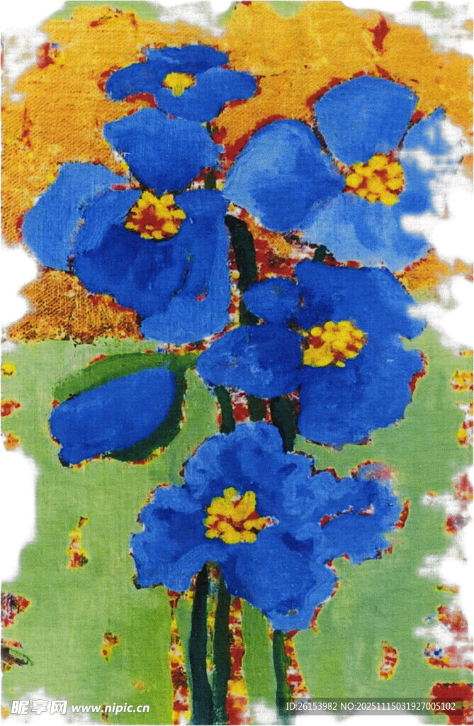 蓝色花卉绘画作品 白墨 直喷 