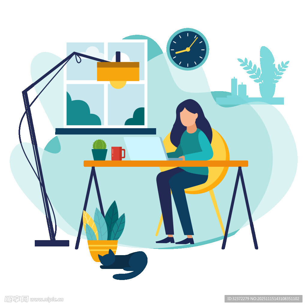 居家办公的女性与可爱猫咪