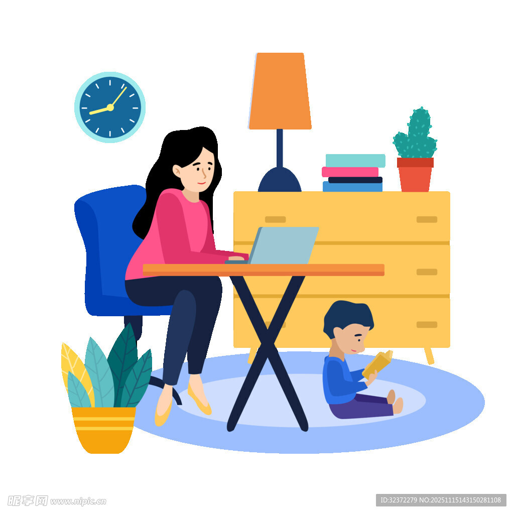 母亲桌边办公孩子地上玩耍