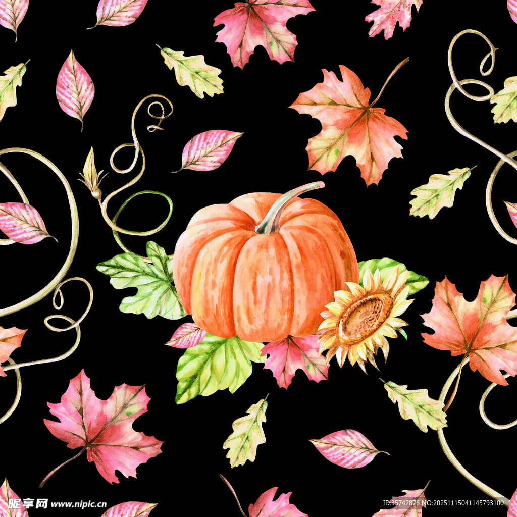水彩风南瓜秋叶花卉图案