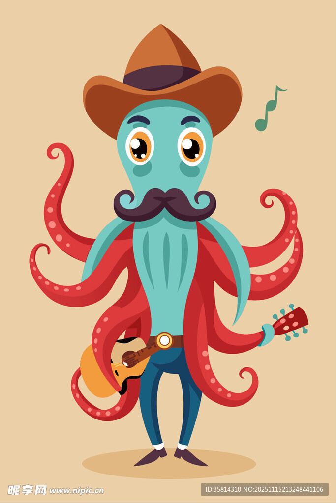 戴帽章鱼弹奏吉他