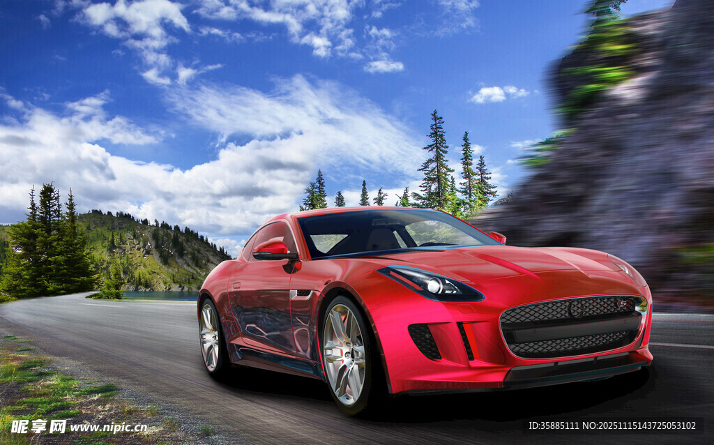 红色跑车驰骋于山林公路