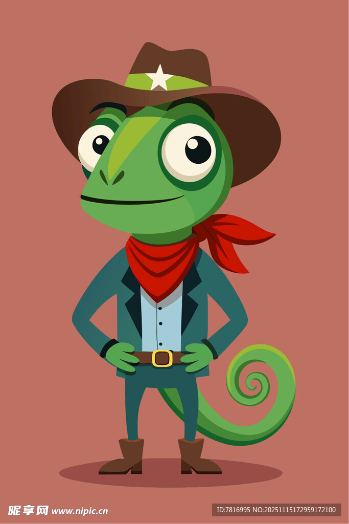 西部风绿蜥蜴牛仔形象