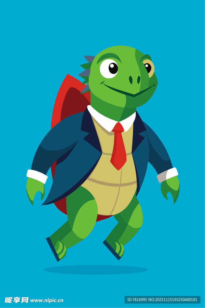 穿着西装飞行的卡通绿龟