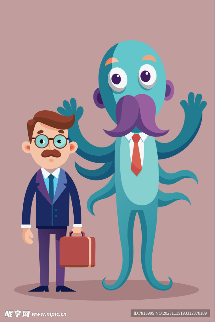 人类与章鱼怪的商务场景
