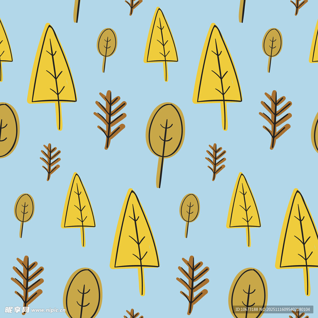 蓝色背景的手绘树木图案