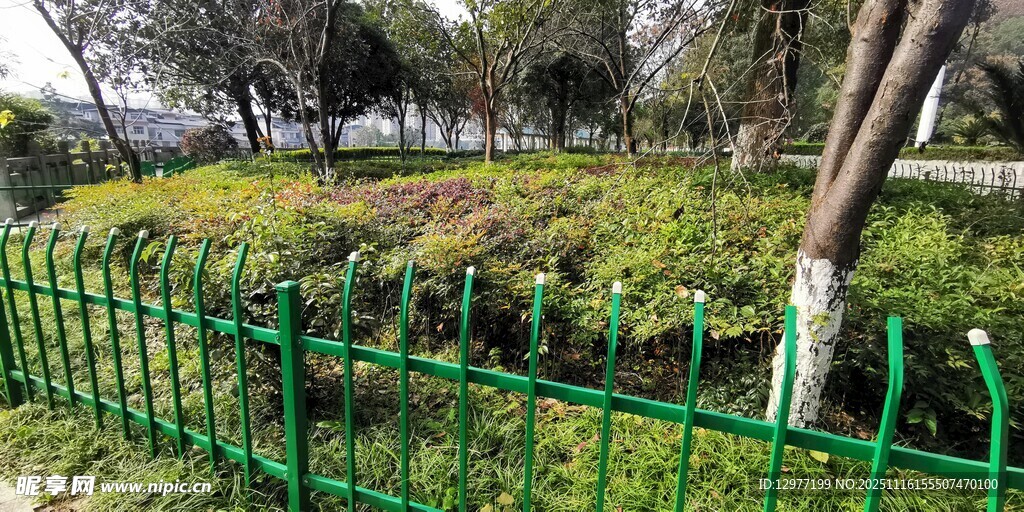 绿色围栏环绕的园林景观