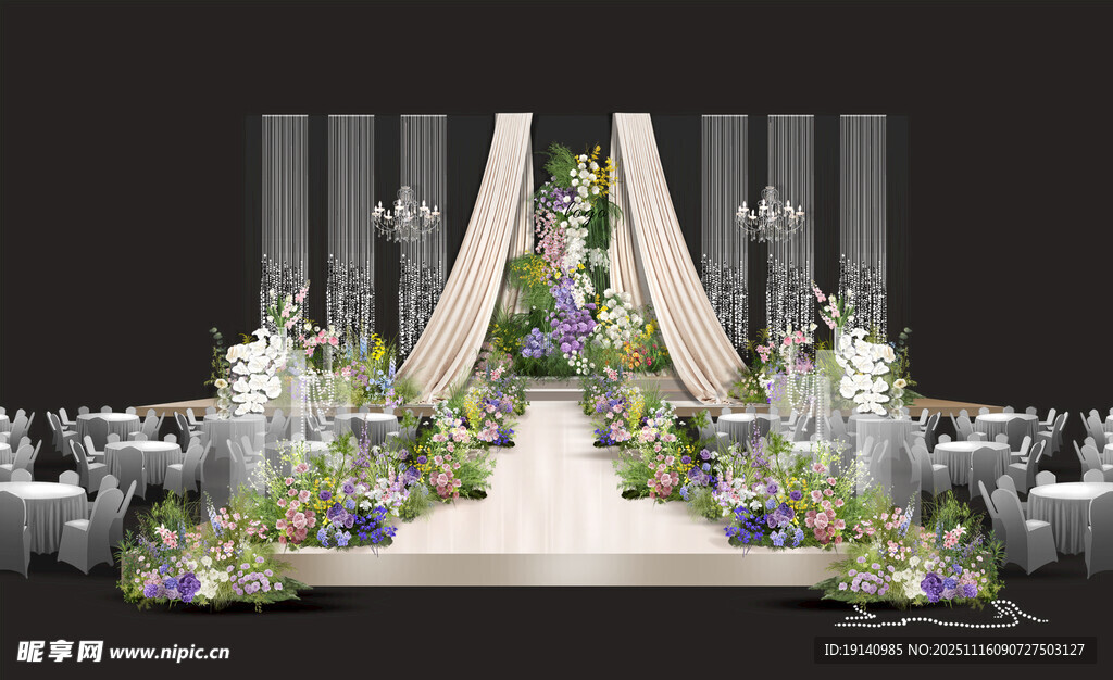 白绿粉紫黄色韩式水晶婚礼主舞台