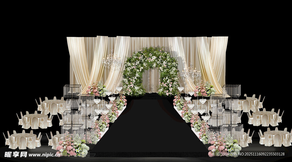香槟色布幔造型白绿粉色主舞台
