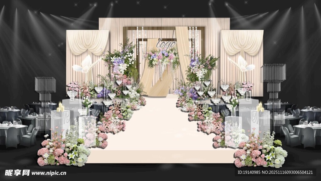 香槟色布幔婚礼白绿粉色