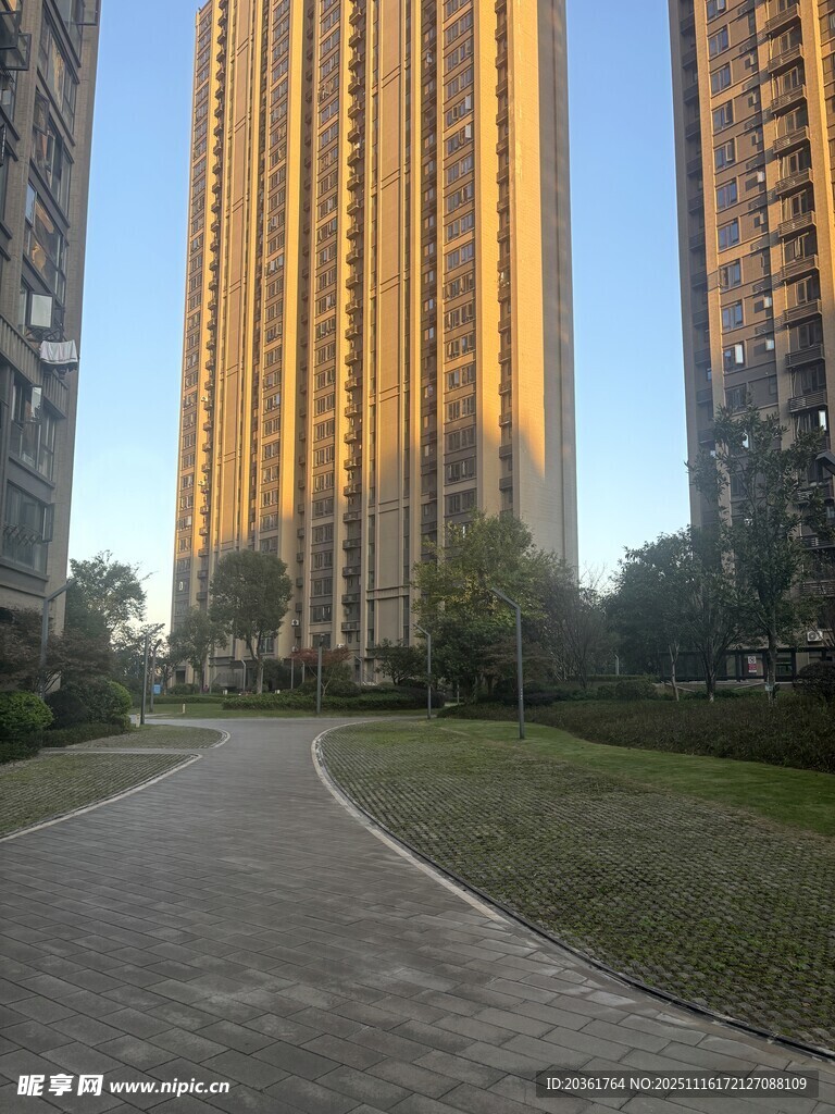 夕阳下的都市小区景观路