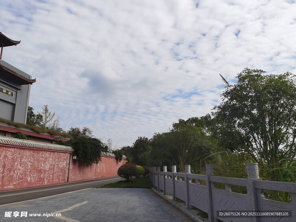 古建旁的道路与葱郁树木