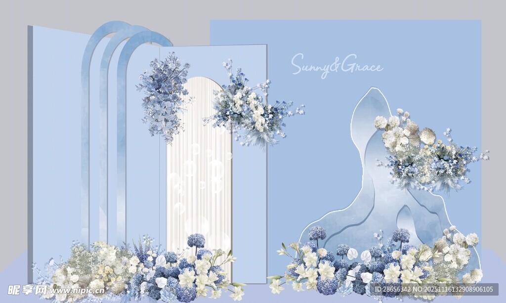 蓝白色系清新婚礼场景布置