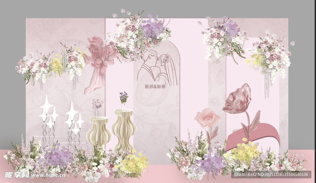 梦幻粉紫色系婚礼场景布置