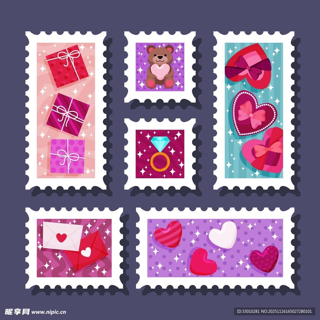 多彩爱心主题邮票图案