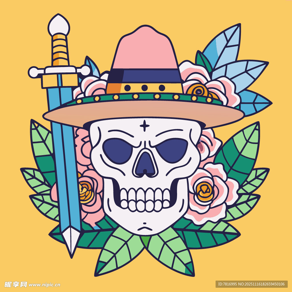 骷髅配剑与花的个性图案