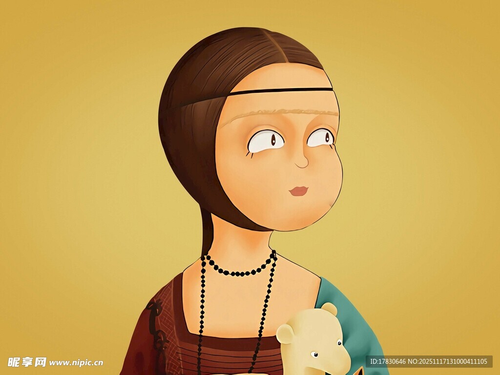 卡通风格戴头巾抱玩偶女孩