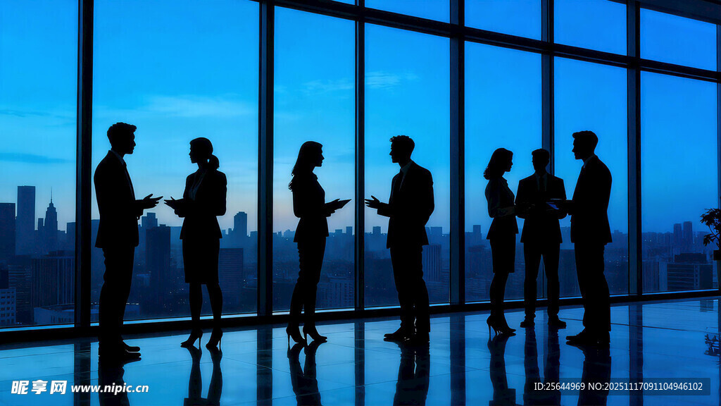 商务团队于窗前的剪影