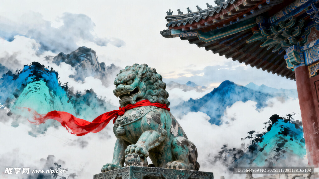 古风石狮子与远山云雾